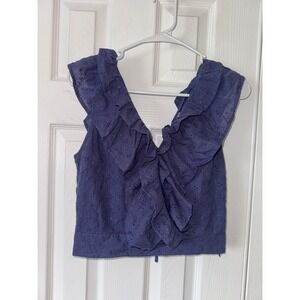 Sage The Label Eyelet Ruffle Crop Top Navy Blue V Neck‎ Sleeveless Blouse